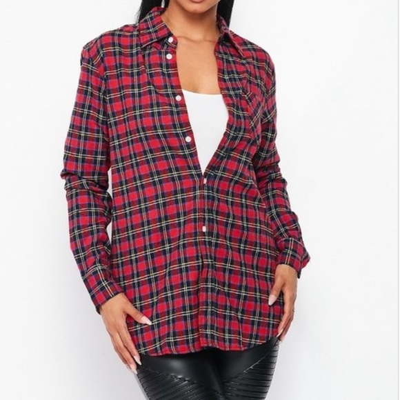 NEW FALL UNISEX TRENDY RED MULTI PLAID FLANNEL LONG SLEEVE BUTTON UP SHIRT - Picture 5 of 7